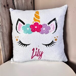 Personalized Kids Unicorn Sequin Pillow - White with Multi-Color Accents - Lily